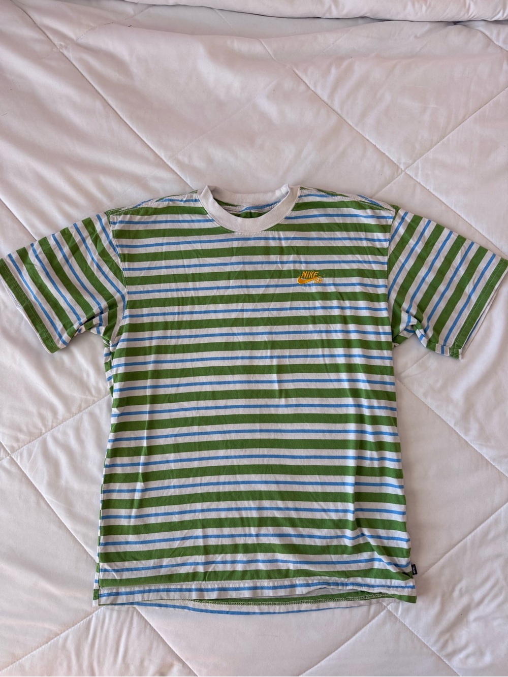Nike Striped Tee in Green, Blue & White with Yellow Logo